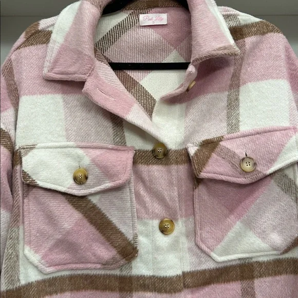 Pink Plaid Button-Up Jacket. Pink Lily  small.  Like new - Picture 2 of 3